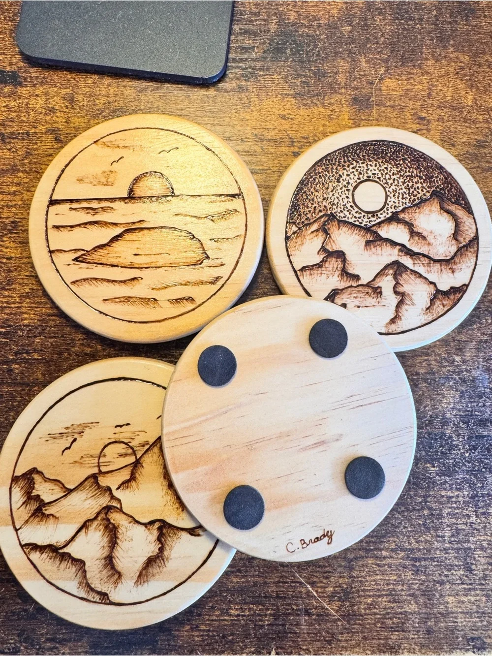 Hand-Burned Mountain & Ocean Wooden Coaster Set - 4 Pack